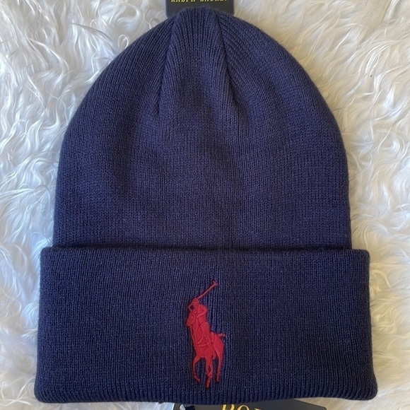 Brand New Polo Ralph Lauren Navy Blue Knit Cuff Beanie Hat Embroidered Big Pony - Picture 2 of 9